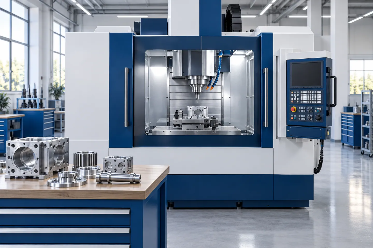 CNC işleme merkezi ve işlenmiş metal parça örnekleri