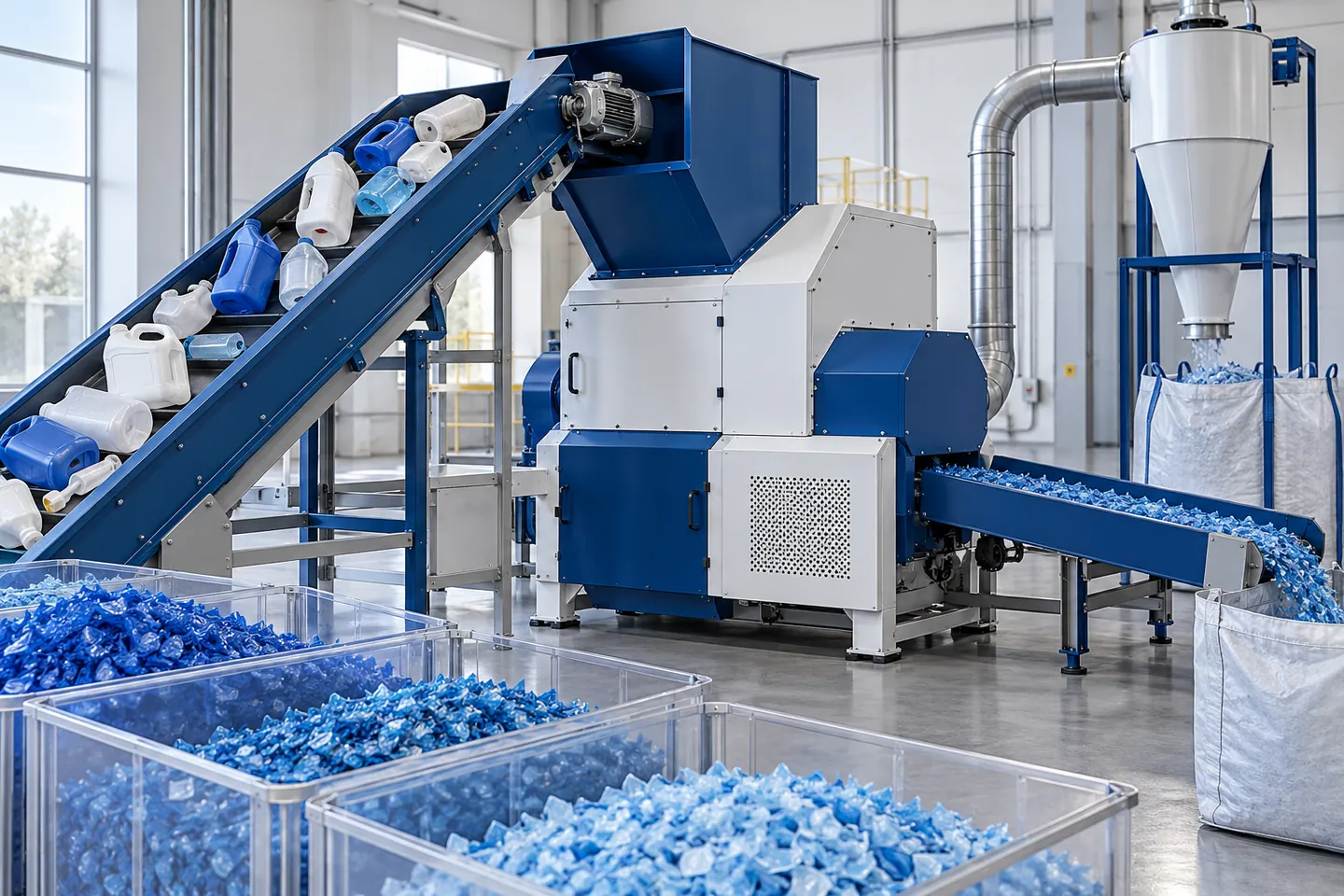 Plastik kırma hattı, besleme bandı ve ayrılmış plastik kırıklar